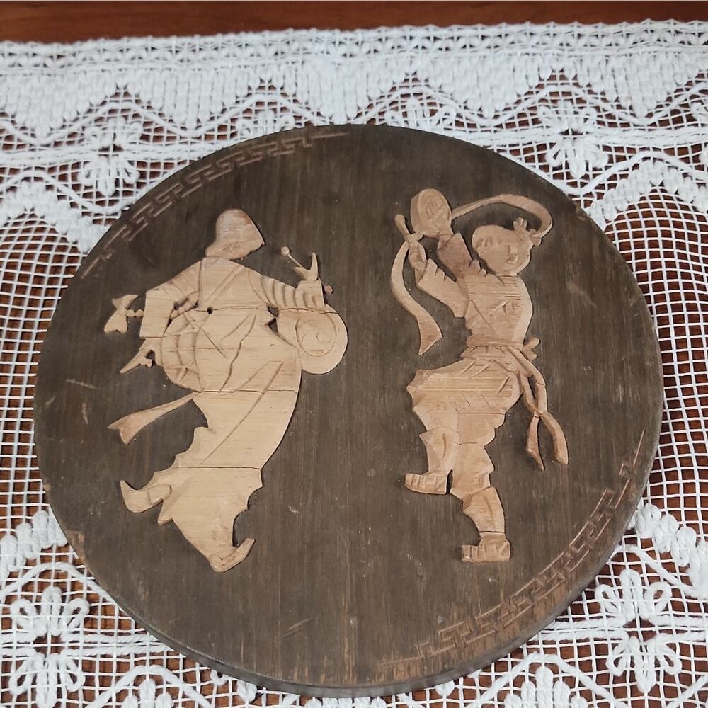 Round Carved Wood Wall Plaque Dancing Figures Stained Brown Beige 9 in